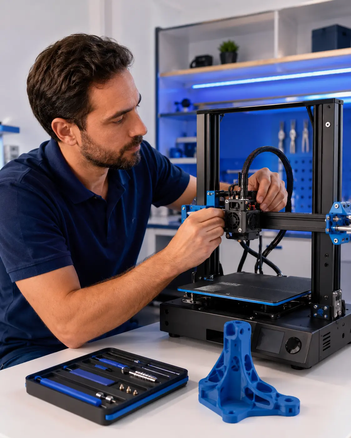 Técnico realizando asistencia y mantenimiento sobre una impresora 3D